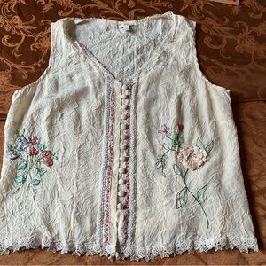 J. Jill Cream Floral Embroidered Blouse Silk